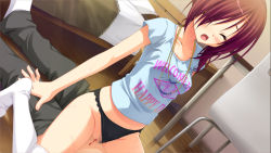 Rule 34 | 1boy, 1girl, arm support, bed, black panties, blood, blush, breasts, censored, chair, chitose haruki, closed eyes, clothed sex, clothes writing, clothing aside, collarbone, cowgirl position, defloration, desk, dutch angle, fingernails, game cg, girl on top, hair over one eye, hetero, indoors, jewelry, karasuba yukari, kobuichi, legs, long hair, moaning, mosaic censoring, muririn, necklace, no pants, open mouth, panties, panties aside, red hair, sex, shirt, short sleeves, small breasts, solo focus, straddling, sweat, t-shirt, teacher and student, tenshinranman, thighhighs, thighs, underwear, vaginal, white thighhighs