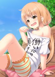 Rule 34 | 10s, 1girl, bad id, bad pixiv id, bench, blonde hair, brown eyes, clothes pull, clothes writing, futaba anzu, highres, idolmaster, idolmaster cinderella girls, long hair, open mouth, pench, shirt, shirt pull, solo, striped, stuffed animal, stuffed rabbit, stuffed toy, t-shirt, takoneru, twintails, you work you lose
