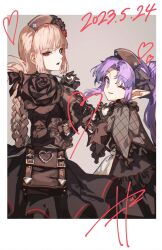 Rule 34 | 2girls, black dress, black gloves, black lips, braid, breasts, dated, dress, fate/grand order, fate (series), florence nightingale (fate), florence nightingale (manor of repose) (fate), gloves, hat, heart, heart hands, heart hands duo, highres, large breasts, long hair, makitoshi0316, medea (lily) (fate), medea (lily) (manor of repose) (fate), multiple girls, nurse cap, pink hair, pointy ears, ponytail, purple eyes, purple hair, red eyes