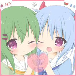 Rule 34 | 2girls, ;), ;d, blonde dog girl (ri-net), blue bow, blue dress, blue hair, blush, bow, closed mouth, dress, fang, food-themed hair ornament, green dress, green hair, hair between eyes, hair ornament, hairclip, hand up, heart, heart hands, heart hands duo, highres, long hair, melon hair ornament, multiple girls, one eye closed, open mouth, orange bow, original, puffy sleeves, purple eyes, ri-net, sailor collar, sailor dress, siblings, sisters, smile, twins, white background, white sailor collar
