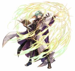 Rule 34 | 1boy, armor, asymmetrical clothes, book, boots, byleth (fire emblem), byleth (male) (fire emblem), cape, collar, collared shirt, dagger, dynamic pose, fire emblem, fire emblem: three houses, fire emblem heroes, full body, gloves, green eyes, green hair, hagiya kaoru, hair ornament, holding, holding book, knife, long sleeves, magic, nintendo, official art, sheath, sheathed, shirt, short hair, simple background, solo, weapon, white background