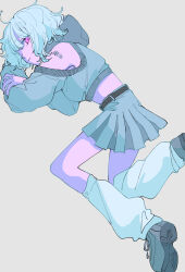 1girl 6noseenji absurdres arm_tattoo barcode barcode_tattoo belt blue_hair blue_skirt blue_sweater closed_mouth clothing_cutout commentary_request full_body grey_background grey_shoes highres leg_warmers long_sleeves looking_at_viewer medium_hair midriff original pink_eyes pleated_skirt shoes shoulder_cutout simple_background skirt socks solo sweater tattoo white_leg_warmers white_socks