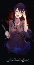 Rule 34 | 1girl, blue skirt, chromatic aberration, collared shirt, commentary, cuts, digital dissolve, doki doki literature club, english text, evil smile, hair between eyes, hand on own face, hand up, highres, holding, holding knife, holding weapon, injury, knife, kuroduki (pieat), long hair, long sleeves, looking at viewer, open mouth, pleated skirt, purple eyes, purple hair, school uniform, self-harm, shirt, skirt, smile, solo, spoilers, upper body, vest, weapon, white shirt, wide-eyed, wing collar, yuri (doki doki literature club)