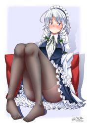 Rule 34 | 1girl, apron, arm garter, black pantyhose, blue dress, blue eyes, blush, bow, braid, breasts, closed mouth, dated, dress, frown, full body, green bow, green ribbon, hair bow, izayoi sakuya, juliet sleeves, knees up, long sleeves, looking at viewer, maid, maid headdress, medium breasts, neck ribbon, nose blush, panties, panties under pantyhose, pantyhose, puffy sleeves, ribbon, signature, silver hair, sitting, solo, tatsuya (guild plus), touhou, twin braids, underwear, waist apron