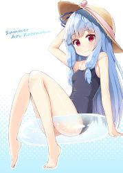Rule 34 | 1girl, barefoot, blue hair, blunt bangs, character name, feet, full body, gradient background, hand on headwear, hat, hat ribbon, highres, innertube, kotonoha aoi, long hair, looking at viewer, ominaeshi (takenoko), one-piece swimsuit, red eyes, ribbon, simple background, smile, solo, strap slip, sun hat, swim ring, swimsuit, voiceroid