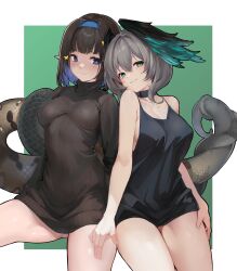 Rule 34 | 2girls, absurdres, arknights, black sweater, black tank top, blue eyes, blue hair, blue hairband, blush, border, breasts, bright pupils, brown hair, butterfly hair ornament, cleavage, colored inner hair, commission, eunectes (arknights), green background, green eyes, grey hair, hair between eyes, hair ornament, hairband, head wings, highres, ho&#039;olheyak (arknights), idashige (walkietalkie), impossible clothes, impossible sweater, intertwined tails, invisible chair, long sleeves, looking at viewer, medium breasts, multicolored hair, multiple girls, outside border, pixiv commission, ribbed sweater, shirt, short hair, simple background, sitting, sleeveless, sleeveless shirt, smile, snake tail, spaghetti strap, sweater, tail, tank top, thighs, turtleneck, turtleneck sweater, two-tone hair, white border, white pupils, wings, yuri