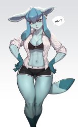 Rule 34 | 1girl, absurdres, animal ears, animal nose, artist name, black bra, black shorts, blue eyes, blue fur, blue hair, body fur, bra, breasts, bright pupils, buttons, cleavage, collarbone, creatures (company), dolphin shorts, female focus, furry, furry female, game freak, gen 4 pokemon, glaceon, gradient background, grey background, hands on own hips, highres, looking at viewer, medium hair, navel, nintendo, open clothes, open mouth, open shirt, personification, pgm300, pokemon, pokemon (creature), shirt, short shorts, shorts, sidelocks, signature, simple background, sleeves rolled up, solo, speech bubble, stomach, tail, teeth, toned, two-tone fur, underwear, white pupils, white shirt, wide hips