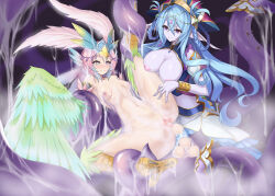 Rule 34 | 2girls, animal ears, bian qunqing, bird ears, bird legs, blue hair, blue pupils, blush, bracelet, breasts, carol (clover theater), chinese commentary, clover theater, colored skin, commentary request, consensual tentacles, egg, egg laying, feathers, gradient hair, green feathers, green wings, hair ornament, harpy, headdress, heart, heart-shaped pupils, highres, imola (clover theater), jewelry, large breasts, lifting person, long hair, monster girl, multicolored hair, multiple girls, navel, nipple stimulation, nipple tweak, nipples, pink hair, pointy ears, purple eyes, purple skin, pussy, scylla, short hair, slime (substance), small breasts, symbol-shaped pupils, talons, tentacles, uncensored, winged arms, wings