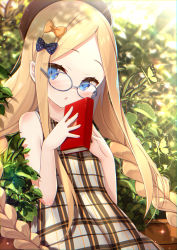 Rule 34 | 1girl, abigail williams (fate), alternate costume, alternate hairstyle, animal, bare arms, bare shoulders, beret, bespectacled, black bow, black hat, blonde hair, blue eyes, blush, book, bow, braid, brown dress, bug, butterfly, collarbone, day, dress, fate/grand order, fate (series), fingernails, forehead, glasses, grey-framed eyewear, hair bow, hands up, hat, highres, holding, holding book, insect, leaf, long hair, looking at viewer, low twintails, orange bow, outdoors, parted bangs, parted lips, plaid, plaid dress, plant, polka dot, polka dot bow, round eyewear, sleeveless, sleeveless dress, solo, sunlight, twin braids, twintails, upper body, very long hair, yano mitsuki (nanairo)