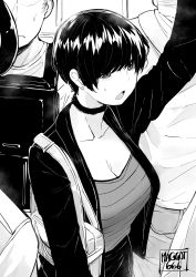Rule 34 | 1girl, absurdres, artist name, bag, bags under eyes, black hair, black jacket, breasts, choker, cleavage, collarbone, crowded, earrings, greyscale, handbag, highres, jacket, jewelry, large breasts, monochrome, norman maggot, olive laurentia, open mouth, original, pixie cut, shirt, short hair, solo, solo focus, striped clothes, striped shirt, sweat, sweatdrop, train, train interior