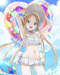 Rule 34 | 1girl, abigail williams (fate), abigail williams (swimsuit foreigner) (fate), abigail williams (swimsuit foreigner) (third ascension) (fate), armpits, arms up, bare shoulders, bikini, blonde hair, blue eyes, blue sky, blush, bonnet, bow, breasts, fate/grand order, fate (series), forehead, hair bow, highres, kino kokko, long hair, looking at viewer, miniskirt, navel, ocean, open mouth, parted bangs, sidelocks, skirt, sky, small breasts, smile, solo, swimsuit, thighs, twintails, very long hair, wading, white bikini, white bow, white headwear