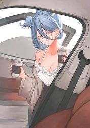 Rule 34 | 1girl, absurdres, aqua eyes, artist name, bare shoulders, blue hair, blue wings, breasts, brown cardigan, brown skirt, camisole, car interior, car seat, cardigan, cleavage, coffee cup, collarbone, cup, dated, disposable cup, door, drink, elira pendora, elira pendora (3rd costume), frilled camisole, frills, glasses, hair between eyes, head wings, heterochromia, high-waist skirt, high ponytail, highres, holding, holding drink, large breasts, leaning forward, long hair, long skirt, long sleeves, looking at viewer, mole, multicolored hair, multicolored wings, nijisanji, nijisanji en, o-ring, o-ring top, off shoulder, official alternate costume, open cardigan, open clothes, open door, open mouth, open window, parkiranhonda, peeking out, purple eyes, round eyewear, seatbelt, shirt tucked in, signature, skirt, solo, spaghetti strap, standing, streaked hair, textless version, twitter username, vehicle interior, virtual youtuber, white camisole, window, wings