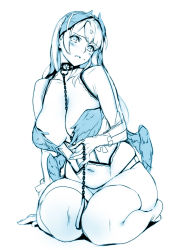 Rule 34 | 1girl, anger vein, blue theme, blush, breasts, cleavage, collar, corset, full body, large breasts, leash, long hair, looking at viewer, monochrome, navel, original, panties, sasaoka gungu, seiza, simple background, sitting, solo, sweatdrop, thighhighs, underwear, white background, wings