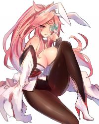 Rule 34 | 1girl, amputee, animal ears, baiken, bare shoulders, breasts, cleavage, eyepatch, fake animal ears, guilty gear, guilty gear xrd, large breasts, long hair, looking at viewer, open mouth, oro (sumakaita), pantyhose, pink hair, playboy bunny, ponytail, rabbit ears, red eyes, solo, very long hair