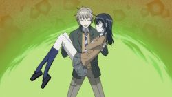 Rule 34 | 1boy, 1girl, black footwear, black hair, blazer, blue neckwear, blue socks, brown eyes, carrying, closed eyes, company connection, coppelion, couple, crossed arms, derivative work, full body, highres, jacket, kneehighs, kurosawa haruto, legs, loafers, long hair, miniskirt, naruse ibara, official style, open mouth, pale skin, parody, plaid, plaid skirt, pleated skirt, princess carry, red neckwear, school uniform, seitokai yakuindomo, shoes, showers-u, silver hair, skirt, smile, socks, standing, striped neckwear
