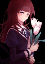 Rule 34 | 1girl, amahara nue, artist name, assault lily, black bow, black ribbon, black skirt, blue eyes, blunt bangs, bow, brown hair, buttons, commentary, cropped jacket, crying, crying with eyes open, fingernails, flower, from side, hands up, high-waist skirt, highres, holding, holding flower, jewelry, juliet sleeves, kaede johan nouvel, light blush, long hair, long sleeves, looking at viewer, looking to the side, neck ribbon, parted lips, puffy sleeves, raised eyebrows, ribbon, ring, school uniform, shirt, sidelocks, signature, simple background, skirt, solo, standing, tears, tulip, wavy hair, white flower, white shirt, white tulip, yurigaoka girls academy school uniform