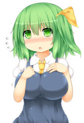 Rule 34 | 1girl, :o, blush, breasts, daiyousei, dress shirt, female focus, green eyes, green hair, hands on breasts, highres, large breasts, looking at viewer, matching hair/eyes, md5 mismatch, necktie, resolution mismatch, shirt, short hair, side ponytail, slit pupils, solo, source smaller, touhou, us2s