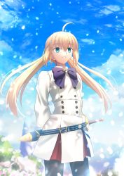 Rule 34 | 1girl, ahoge, arms behind back, artoria caster (fate), artoria caster (second ascension) (fate), artoria pendragon (fate), belt, belt buckle, black pantyhose, blonde hair, blue belt, blue bow, blue sky, bow, bowtie, buckle, buttons, cloud, commentary, day, dress, fate/grand order, fate (series), green eyes, grin, hair between eyes, highres, long hair, long sleeves, looking away, outdoors, pantyhose, petals, resolution mismatch, sheath, sheathed, shoori (migiha), short sword, sky, smile, solo, source larger, sword, takeuchi takashi (style), twintails, weapon, white dress