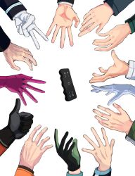 Rule 34 | 2girls, 6+boys, arafune tetsuji, azuma haruaki, black gloves, gloves, green gloves, hand focus, highres, ikoma tatsuhito, kageura masato, kakizaki kuniharu, katori youko, long sleeves, multiple boys, multiple girls, nasu rei, ninomiya masataka, ouji kazuaki, out of frame, pink gloves, purple gloves, reaching, simple background, suwa koutarou, thumbs up, two-tone gloves, uniform, urushima wataru, v, weapon, white background, white gloves, world trigger, yamakawa (h4sc4zukgqyw5ad), yuba takuma