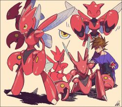 Rule 34 | 1boy, brown hair, bug, claws, creatures (company), film grain, game freak, gary oak, gen 2 pokemon, highres, holding, holding poke ball, horns, insect wings, jewelry, kwsby 124, necklace, nintendo, on one knee, poke ball, poke ball (basic), pokemon, pokemon (anime), pokemon (classic anime), pokemon (creature), scizor, shadow, signature, spiked hair, standing, sweatdrop, wings, yellow eyes