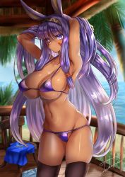 Rule 34 | 1girl, alternate breast size, alternate costume, animal ears, armpits, arms up, beach, bikini, black thighhighs, breasts, cameltoe, closed mouth, collarbone, cowboy shot, dark-skinned female, dark skin, day, egyptian, facepaint, facial mark, fate/grand order, fate (series), groin, hairband, highres, jackal ears, large breasts, long hair, looking at viewer, micro bikini, navel, nitocris (fate), outdoors, purple bikini, purple eyes, purple hair, sidelocks, skindentation, solo, swimsuit, takecha, thighhighs, very long hair