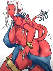 Rule 34 | 1girl, anus, ass, bad id, bad pixiv id, bracelet, breasts, colored skin, dragon quest, dragon quest x, gradient background, highres, horns, huge ass, huge breasts, jewelry, looking back, monster girl, nuezou, ogre (dq10), pointy ears, red skin, sideboob, solo, spikes, tail, white background, white hair