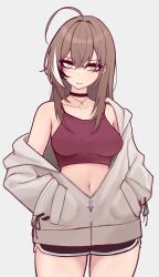 Rule 34 | 1girl, ahoge, brown hair, casual, choker, dolphin shorts, expressionless, hair between eyes, hands in pockets, highres, hololive, hololive english, hood, hoodie, jacket, jacket partially removed, jewelry, long hair, m r b, multicolored hair, nanashi mumei, navel, necklace, off shoulder, partially unzipped, shorts, simple background, solo, sports bra, stomach, streaked hair, virtual youtuber, white hair, yellow eyes