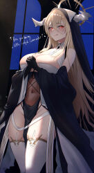 Rule 34 | 1girl, :q, absurdres, azur lane, bare shoulders, between breasts, black dress, black gloves, blonde hair, blush, breasts, cleavage, closed mouth, clothing cutout, covered navel, cowboy shot, detached collar, detached sleeves, dress, english text, fake horns, feet out of frame, gloves, groin, habit, hair between eyes, halo, heart, highres, horns, huge breasts, implacable (azur lane), indoors, interlocked fingers, large breasts, licking lips, light particles, long bangs, long hair, long sleeves, looking at viewer, navel, night, night sky, nun, own hands clasped, own hands together, pelvic curtain, red eyes, relentless, sidelocks, skindentation, sky, smile, solo, standing, thighhighs, thighs, tongue, tongue out, veil, very long hair, white thighhighs, wide sleeves, window