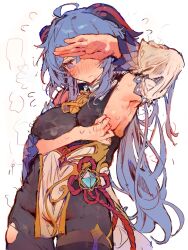 Rule 34 | 1girl, ahoge, arm up, armpits, bare shoulders, bell, blue hair, blush, bodystocking, breasts, chinese knot, clothes pull, covering one eye, cowbell, cowboy shot, detached sleeves, flower knot, flying sweatdrops, ganyu (genshin impact), genshin impact, goat horns, heart, highres, horns, large breasts, long hair, looking down, low ponytail, neck bell, otintin, pulling own clothes, purple eyes, sideboob, simple background, solo, steam, sweat, thighlet, torn, torn bodystocking, torn clothes, white background, white sleeves