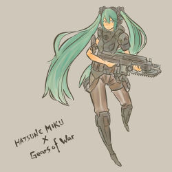 Rule 34 | 1girl, armor, bad id, bad pixiv id, chainsaw, cosplay, gears of war, green eyes, green hair, gun, hako live, hatsune miku, lancer (gears of war), long hair, matching hair/eyes, parody, simple background, solo, twintails, very long hair, vocaloid, weapon