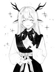 Rule 34 | 1girl, ^ ^, alina (arknights), animal ears, antlers, arknights, avi (baltika seven), blush, braid, closed eyes, deer antlers, deer ears, deer girl, dress, greyscale, hair ornament, hairclip, highres, horns, long hair, long sleeves, monochrome, neckerchief, parted lips, pinafore dress, simple background, sleeveless, sleeveless dress, smile, solo, sparkle, upper body, white background