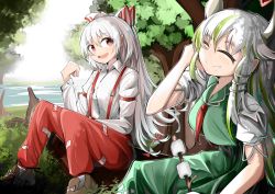 Rule 34 | 2girls, :t, absurdres, against tree, bow, breasts, cleavage, closed eyes, closed mouth, day, dress, eating, ex-keine, food, fujiwara no mokou, grass, green dress, hair between eyes, hair bow, hand in own hair, hand up, highres, holding, holding stick, horn ornament, horn ribbon, horns, kamishirasawa keine, knees together feet apart, large breasts, long hair, long sleeves, looking at another, marshmallow, multicolored hair, multiple girls, ofuda, ofuda on clothes, open mouth, outdoors, pants, pinafore dress, puffy short sleeves, puffy sleeves, red neckwear, red pants, red ribbon, ribbon, shirt, short sleeves, sidelocks, silver hair, sitting, sleeveless dress, smile, spam (spamham4506), stick, streaked hair, suspenders, touhou, tree, very long hair, water, white shirt