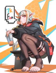 Rule 34 | 1boy, absurdres, black jacket, black nails, blunt bangs, brown thighhighs, bubble tea, closed mouth, commentary, cup, disposable cup, drinking straw, english commentary, eyelashes, feet, full body, grey hair, hand up, head rest, highres, holding, hood, hooded jacket, horns, jacket, legs, long sleeves, looking at viewer, male focus, medium hair, multicolored hair, nail polish, niss (sintrybest), no shoes, orange horns, original, pointy ears, red eyes, shiny clothes, sin (sintrybest), solo, speech bubble, squatting, stirrup legwear, streaked hair, thigh strap, thighhighs, thighs, toeless legwear, toenail polish, toenails, toes, trap