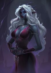 Rule 34 | 1girl, absurdres, amionna, breasts, cleavage, colored skin, cowboy shot, dark elf, detached sleeves, diadem, dungeons &amp; dragons, elf, gem, grey hair, grey skin, highres, holding, holding sword, holding weapon, large breasts, long hair, looking at viewer, original, pointy ears, red eyes, red lips, solo, sword, weapon