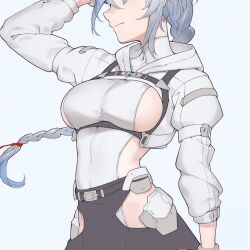 Rule 34 | 1girl, belt, blue eyes, blue hair, impossible clothes, karappo (keith8387), original, solo, unfinished