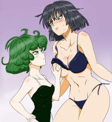 Rule 34 | 2girls, bikini, blush, breast envy, grabbing another&#039;s breast, breasts, family, fubuki (one-punch man), grabbing, gradient background, green eyes, green hair, highres, large breasts, multiple girls, navel, one-punch man, siblings, sisters, swimsuit, tagme, tatsumaki, wide hips