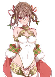 Rule 34 | 1girl, bare shoulders, breasts, brown hair, closed mouth, covered navel, cowboy shot, e sky rugo, gluteal fold, hair rings, highleg, highleg leotard, highres, leotard, looking at viewer, medium breasts, original, red eyes, sanpaku, simple background, solo, standing, thigh gap, thighhighs, white background, white leotard, white thighhighs
