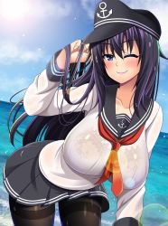 Rule 34 | 1girl, aged up, akatsuki (kancolle), anchor, anchor symbol, badge, black bra, black hat, black pantyhose, black sailor collar, blush, bra, bra visible through clothes, breasts, commentary request, hair between eyes, hair ornament, hairclip, hat, highres, kantai collection, large breasts, long hair, looking at viewer, messy hair, militia minpei, neckerchief, one eye closed, pantyhose, purple eyes, purple hair, red neckerchief, sailor collar, school uniform, see-through, serafuku, shirt, smile, solo, underwear, wet, wet clothes, wet shirt