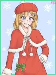 Rule 34 | 1girl, blonde hair, blue background, blue eyes, border, bow, collarbone, fur trim, gloves, green border, hair ornament, hand on own hip, hat, hololive, hololive english, kirby otaku, looking at viewer, multicolored eyes, parted lips, pink eyes, santa costume, santa hat, smile, snowflake background, solo, spaghetti strap, virtual youtuber, watson amelia, white gloves