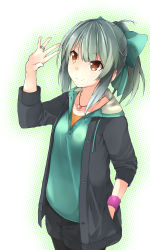Rule 34 | 10s, 1girl, black pantyhose, bow, brown eyes, cowboy shot, green hair, hair bow, halftone, halftone background, hand in pocket, hand up, heart, heart necklace, highres, hood, hoodie, jewelry, kantai collection, pantyhose under shorts, looking at hand, myuto (advent retribution), necklace, pantyhose, pantyhose under shorts, ponytail, ring, shorts, sidelocks, smile, solo, wedding band, wristband, yuubari (kancolle)