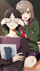 Rule 34 | 2girls, black hair, black shirt, blue sailor collar, blue skirt, blush, brown hair, cardigan, collarbone, commentary request, cover, cover page, covering another&#039;s eyes, cross-shaped pupils, crossed arms, desk, film grain, fujimatsu mei, green cardigan, highres, holding, indoors, long hair, long sleeves, manga cover, multiple girls, neckerchief, open cardigan, open clothes, open mouth, open shirt, original, pleated skirt, puffy sleeves, purple shirt, red neckerchief, sailor collar, school desk, school uniform, serafuku, shade, shirt, short hair, sidelocks, sitting, skirt, symbol-shaped pupils, wariza, white shirt, yellow eyes, yuri