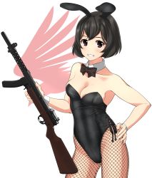 Rule 34 | 1girl, absurdres, animal ears, black hair, black leotard, bow, bowtie, breasts, brown eyes, cleavage, commentary request, cowboy shot, detached collar, fake animal ears, fishnet pantyhose, fishnets, grin, gun, highres, kirie (kouya no kotobuki hikoutai), kouya no kotobuki hikoutai, leotard, logo, looking at viewer, md5 mismatch, pantyhose, playboy bunny, rabbit ears, rabbit girl, rabbit tail, resolution mismatch, rifle, short hair, simple background, small breasts, smile, solo, source larger, strapless, strapless leotard, tail, takafumi, weapon, weapon request, white background, wrist cuffs