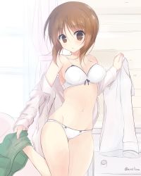 Rule 34 | 10s, 1girl, bad id, bad twitter id, bedroom, blouse, unworn blouse, bow, bow bra, bow panties, bra, breasts, brown eyes, brown hair, chest of drawers, cleavage, clothes pull, commentary, crotch seam, dressing, getsumen suibaku ver. a(c), girls und panzer, gluteal fold, green skirt, highres, holding, holding clothes, indoors, leg up, long sleeves, looking at viewer, medium breasts, miniskirt, nishizumi miho, off shoulder, ooarai school uniform, pajamas, panties, parted lips, pleated skirt, pulling own clothes, school uniform, serafuku, shirt, short hair, skirt, skirt pull, solo, standing, twitter username, underwear, underwear only, undressing, white bra, white panties, white shirt