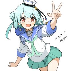 Rule 34 | 1girl, absurdres, animal, animal on shoulder, aqua hair, bigkwl, blue sailor collar, blush, brown eyes, dated, dixie cup hat, double bun, fang, green neckerchief, green skirt, hair bun, hat, highres, kantai collection, little blue whale (kancolle), looking at viewer, military hat, neckerchief, one-hour drawing challenge, open mouth, pleated skirt, sailor collar, samuel b. roberts (kancolle), school uniform, serafuku, simple background, skirt, twitter username, whale, white background