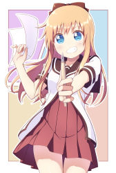 Rule 34 | 1girl, black sailor collar, blonde hair, blue eyes, blush, border, bow, brown bow, commentary, cowboy shot, dress, grin, hair bow, hands up, happy, highres, holding, holding paper, holding pen, long hair, looking at viewer, multicolored background, nanamori school uniform, nib pen (object), outline, outside border, outstretched arm, paper, pen, pleated dress, pontasu, red dress, sailor collar, sailor dress, school uniform, serafuku, shirt, short sleeves, smile, solo, standing, toshinou kyouko, white border, white outline, white shirt, yuru yuri