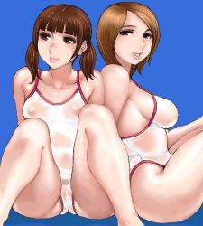Rule 34 | 2girls, bikini, blue background, breasts, brown eyes, brown hair, curvy, lips, lowres, matoyama, medium breasts, multiple girls, nipples, oekaki, one-piece swimsuit, see-through, short hair, sitting, swimsuit, thick thighs, thighs, twintails