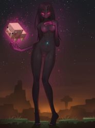 Rule 34 | 1girl, black hair, black skin, breasts, colored skin, commentary, dawn, enderman, english commentary, full body, glowing, glowing eyes, grass, hand on own chest, highres, justrube, long arms, long hair, looking at viewer, minecraft, monster girl, navel, night, night sky, nude, outdoors, personification, pig (minecraft), red eyes, signature, sky, solo, star (sky), starry sky, sweatdrop