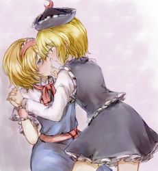 Rule 34 | 2girls, alice margatroid, bad id, bad pixiv id, blonde hair, blue eyes, blush, capelet, crescent, dress, female focus, furorida, hairband, holding hands, hat, looking at another, lunasa prismriver, multiple girls, open mouth, shirt, short hair, skirt, skirt set, touhou, vest, wrist cuffs, yellow eyes, yuri
