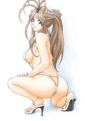 Rule 34 | 1girl, aa megami-sama, antenna hair, ass, bangle, belldandy, blue eyes, bracelet, breasts, brown hair, earrings, facial mark, forehead mark, high heels, highres, jewelry, joy division, kneeling, large breasts, legs, lipstick, makeup, one-piece thong, ponytail, shoes, sideboob, slingshot swimsuit, solo, swimsuit, thighs