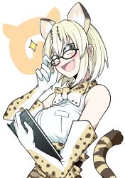 Rule 34 | 10s, 1girl, animal ears, animal print, bare shoulders, blonde hair, breasts, cat ears, cat tail, elbow gloves, fangs, glasses, gloves, gogiga gagagigo, group name, highres, holding, japari symbol, kemono friends, large breasts, looking at viewer, margay (kemono friends), open mouth, shirt, short hair, simple background, skirt, sleeveless, sleeveless shirt, solo, tail, white shirt, yellow eyes